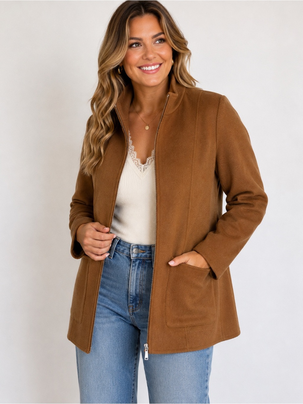 Alexandra Bartlett Camel Brown Zip-Front Coat 100% wool zip jacket 2X